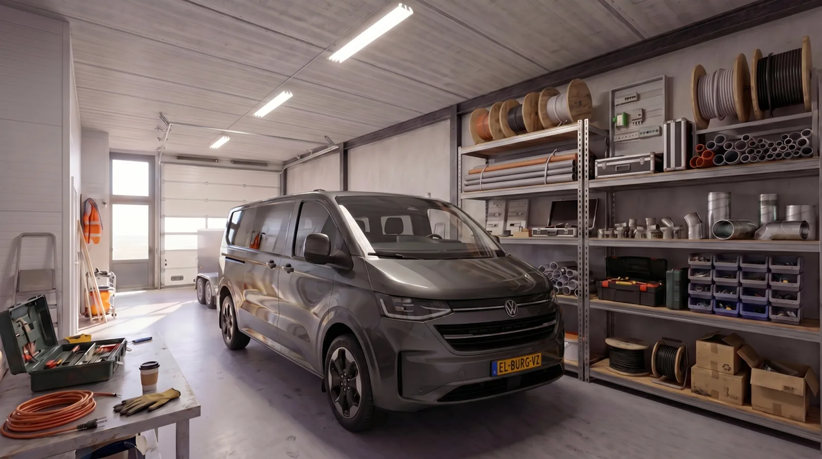 Bedrijfsruimte met bestelbus en stellingen